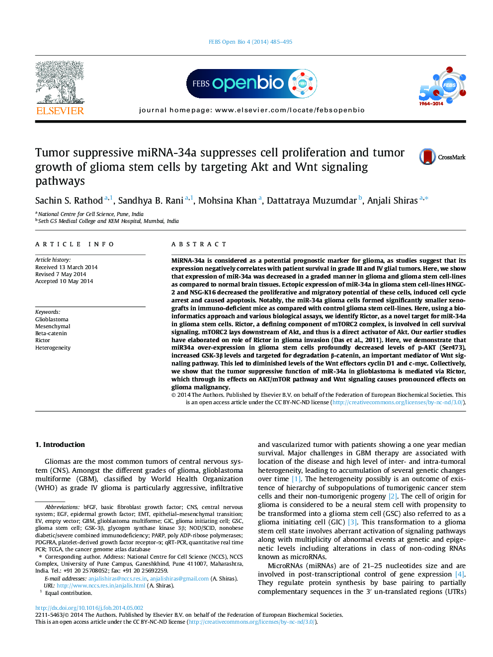 Tumor suppressive miRNA-34a suppresses cell proliferation and tumor growth of glioma stem cells by targeting Akt and Wnt signaling pathways