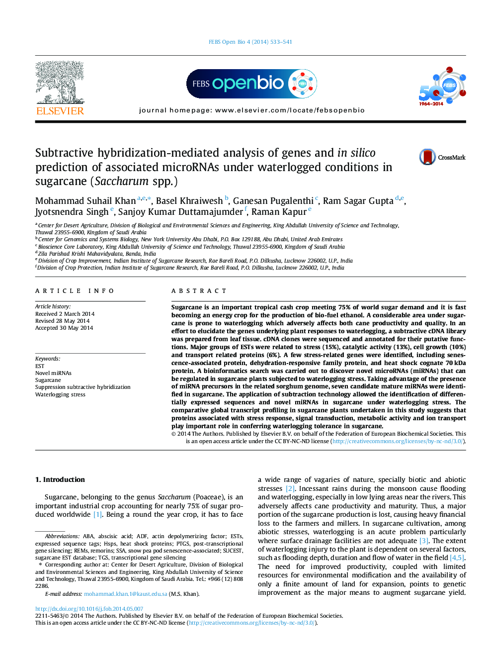 Subtractive hybridization-mediated analysis of genes and in silico prediction of associated microRNAs under waterlogged conditions in sugarcane (Saccharum spp.)