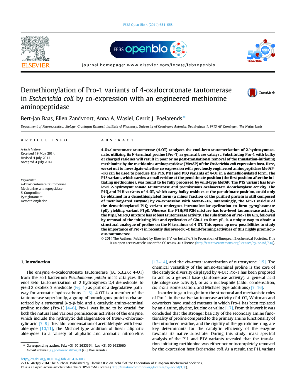 Demethionylation of Pro-1 variants of 4-oxalocrotonate tautomerase in Escherichia coli by co-expression with an engineered methionine aminopeptidase