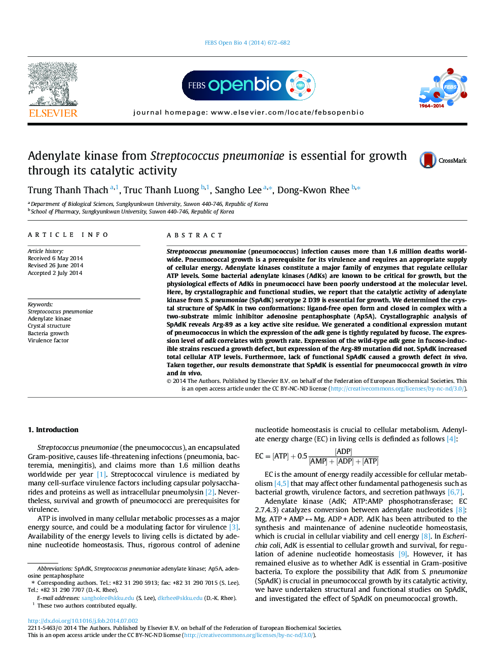 Adenylate kinase from Streptococcus pneumoniae is essential for growth through its catalytic activity