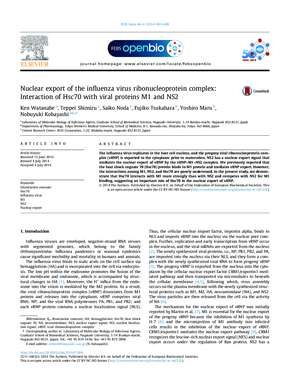 Nuclear export of the influenza virus ribonucleoprotein complex: Interaction of Hsc70 with viral proteins M1 and NS2