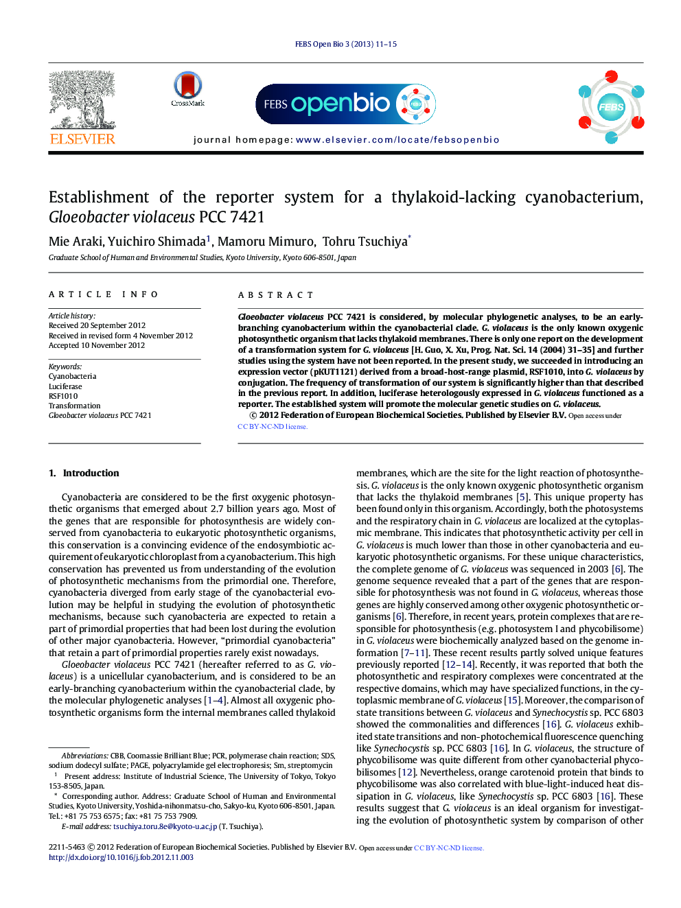 Establishment of the reporter system for a thylakoid-lacking cyanobacterium, Gloeobacter violaceus PCC 7421