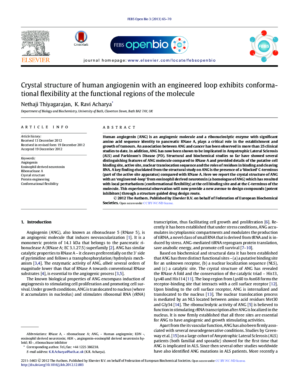 Crystal structure of human angiogenin with an engineered loop exhibits conformational flexibility at the functional regions of the molecule