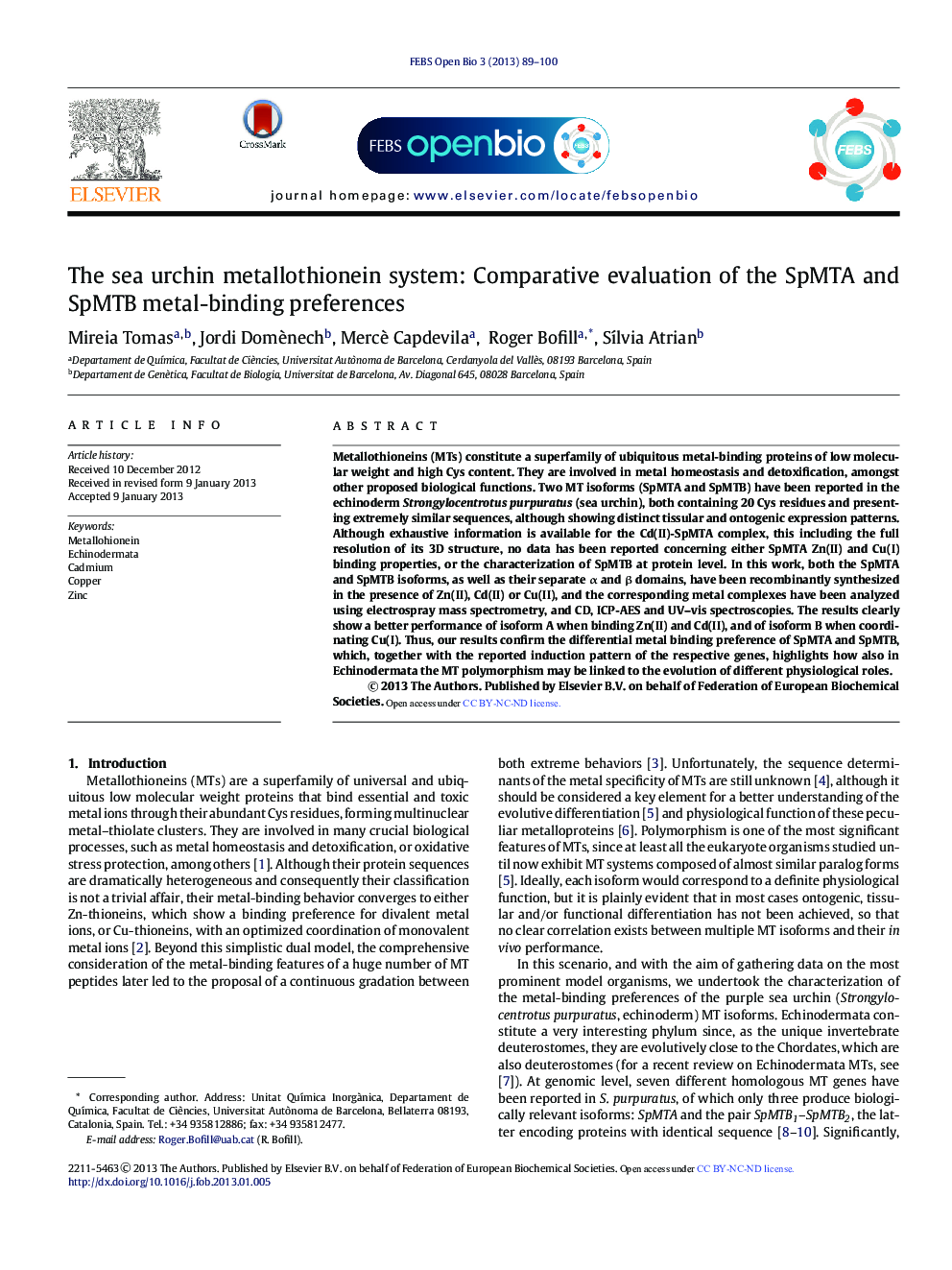 The sea urchin metallothionein system: Comparative evaluation of the SpMTA and SpMTB metal-binding preferences