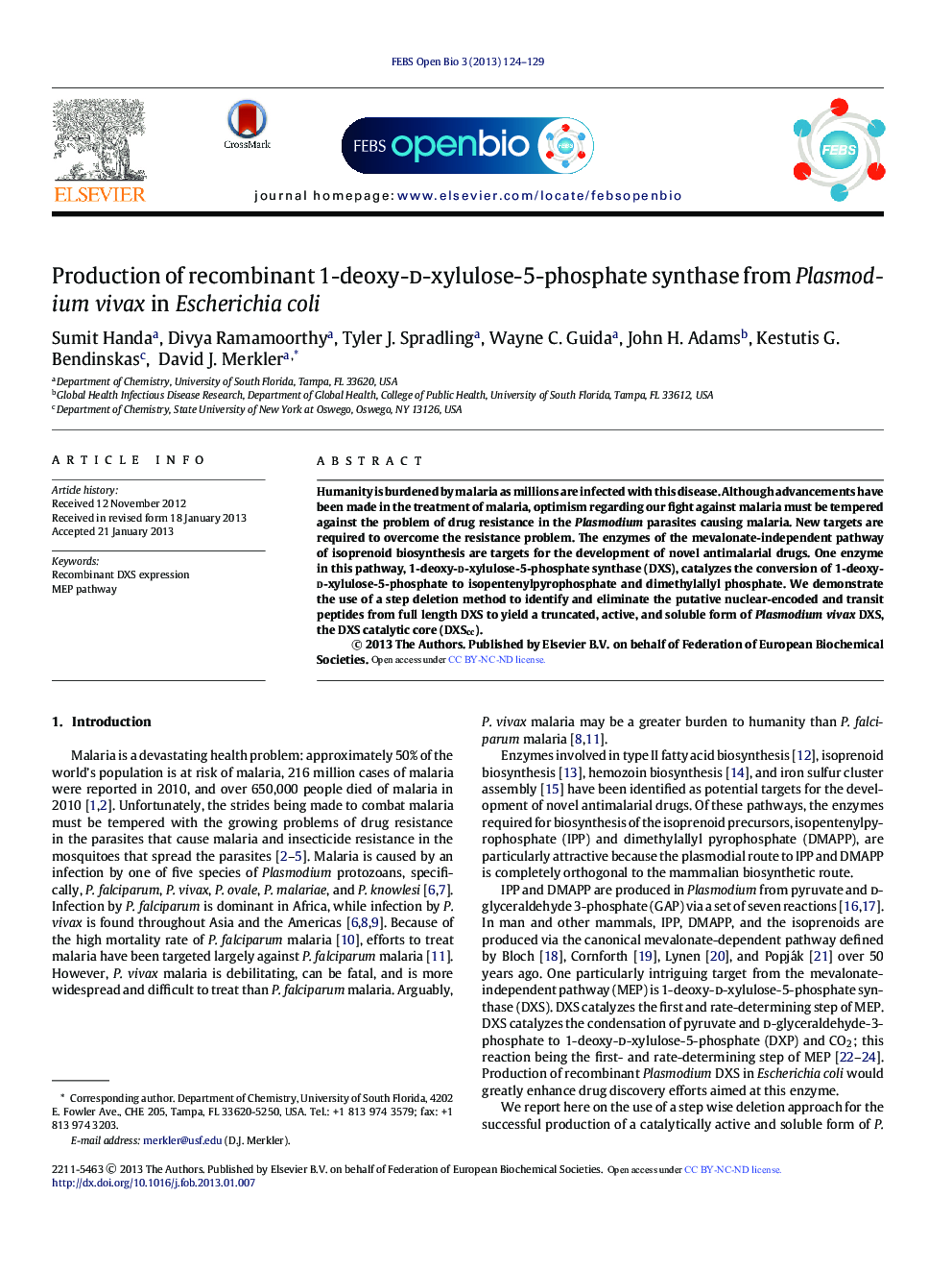 Production of recombinant 1-deoxy-d-xylulose-5-phosphate synthase from Plasmodium vivax in Escherichia coli