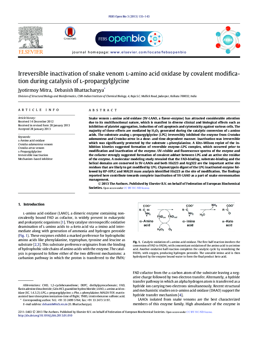 Irreversible inactivation of snake venom l-amino acid oxidase by covalent modification during catalysis of l-propargylglycine