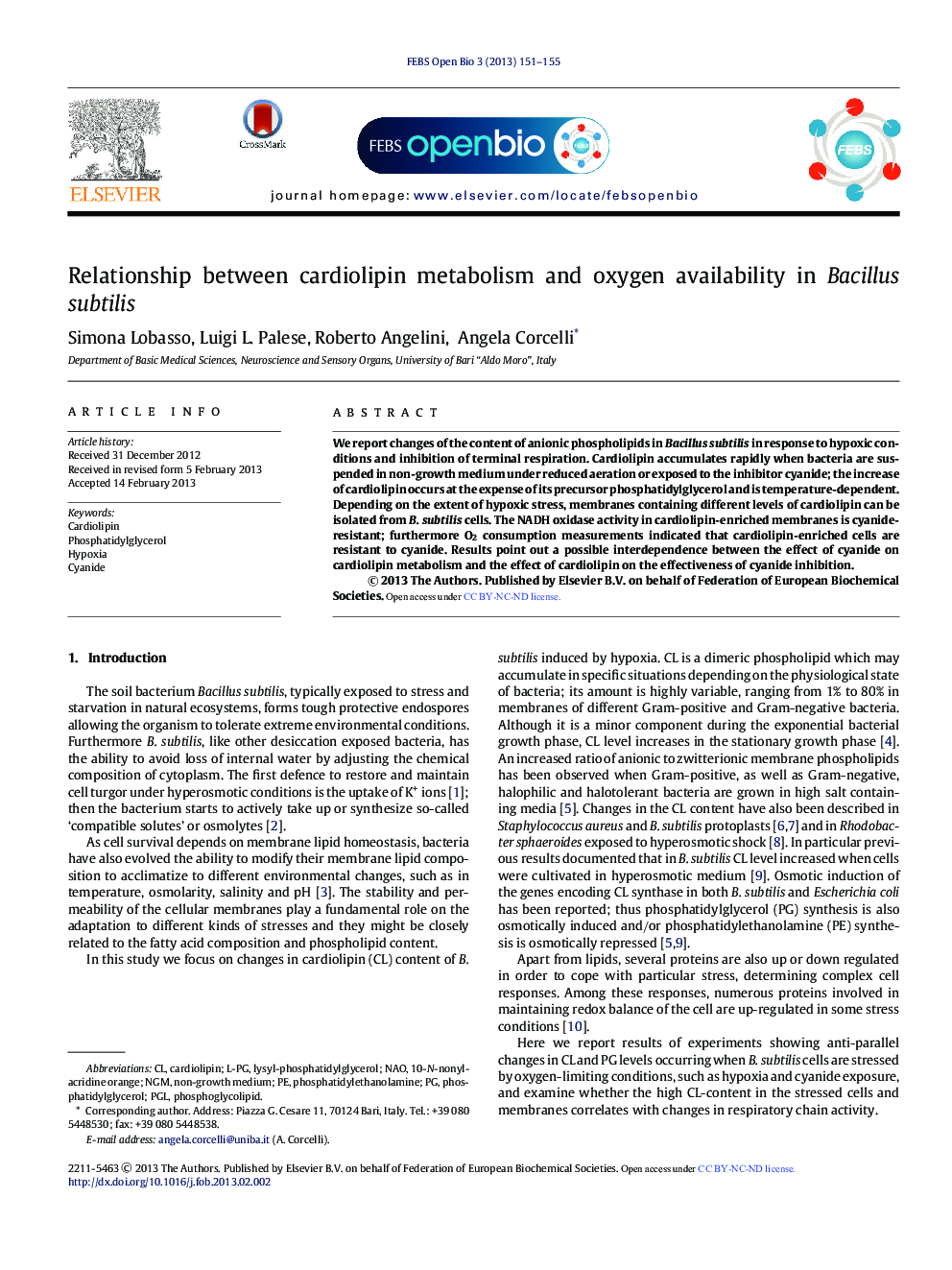 Relationship between cardiolipin metabolism and oxygen availability in Bacillus subtilis