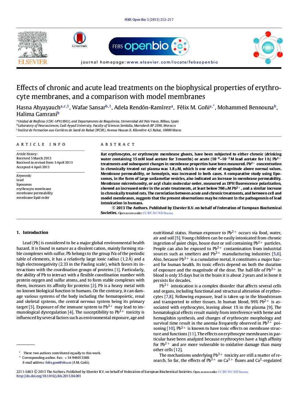 Effects of chronic and acute lead treatments on the biophysical properties of erythrocyte membranes, and a comparison with model membranes