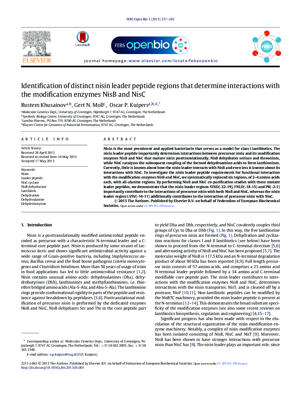 Identification of distinct nisin leader peptide regions that determine interactions with the modification enzymes NisB and NisC