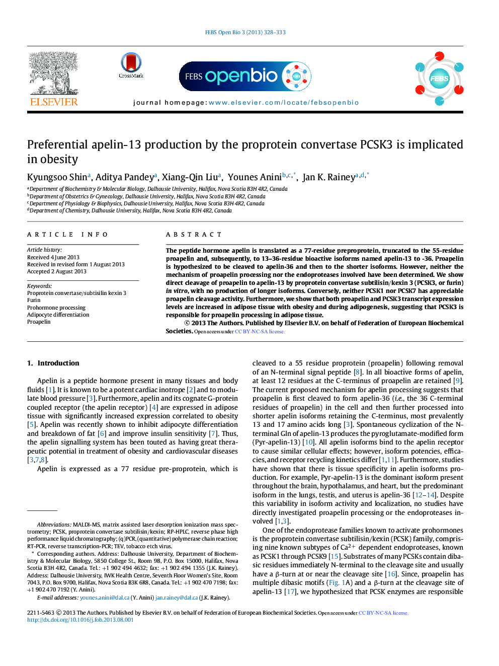 Preferential apelin-13 production by the proprotein convertase PCSK3 is implicated in obesity