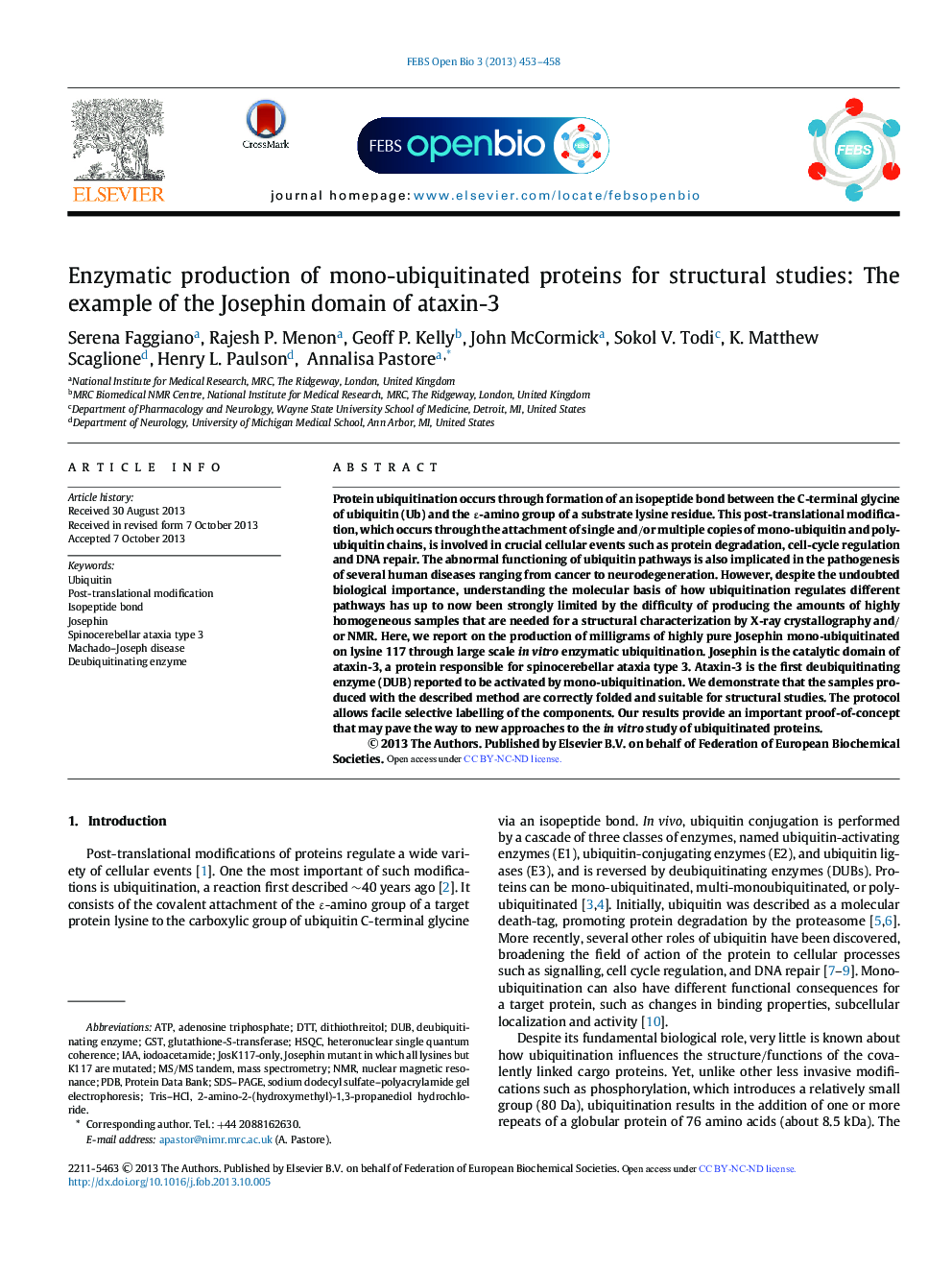 Enzymatic production of mono-ubiquitinated proteins for structural studies: The example of the Josephin domain of ataxin-3