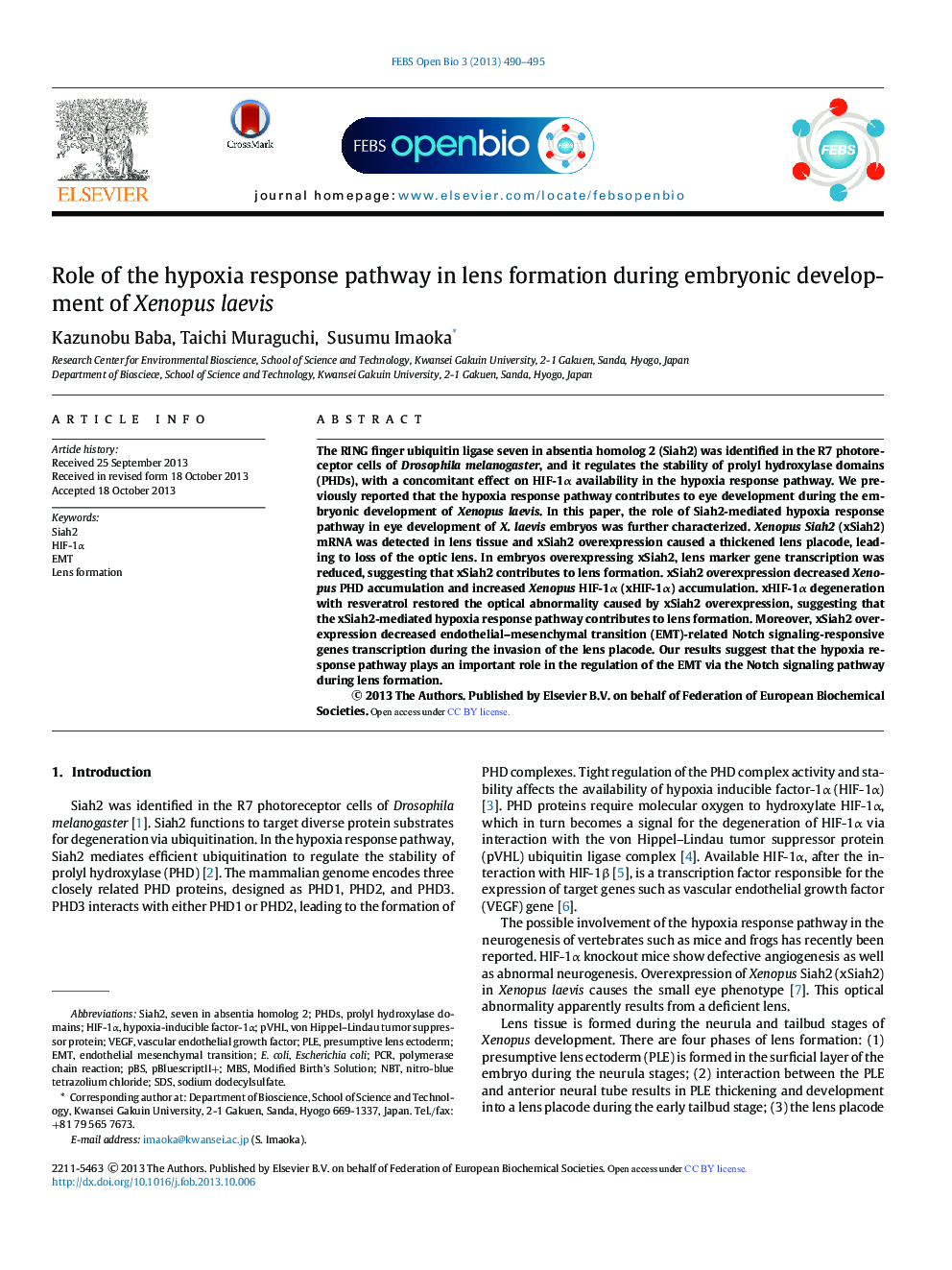 Role of the hypoxia response pathway in lens formation during embryonic development of Xenopus laevis