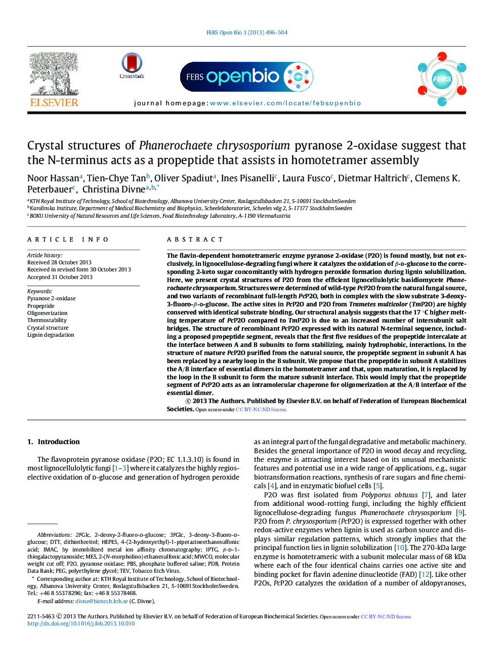 Crystal structures of Phanerochaete chrysosporium pyranose 2-oxidase suggest that the N-terminus acts as a propeptide that assists in homotetramer assembly