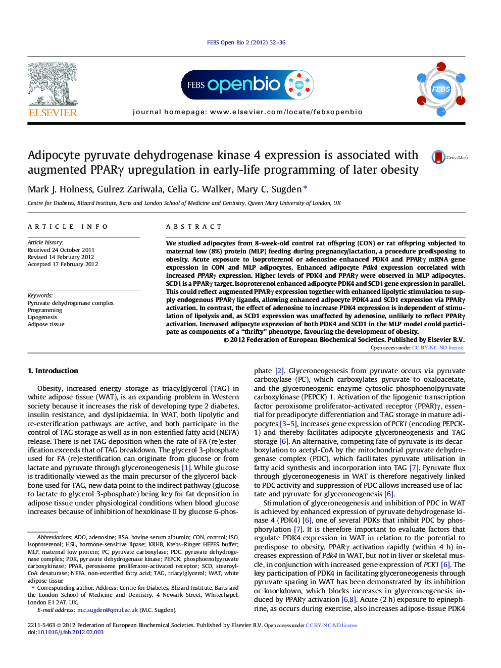 Adipocyte pyruvate dehydrogenase kinase 4 expression is associated with augmented PPARγ upregulation in early-life programming of later obesity