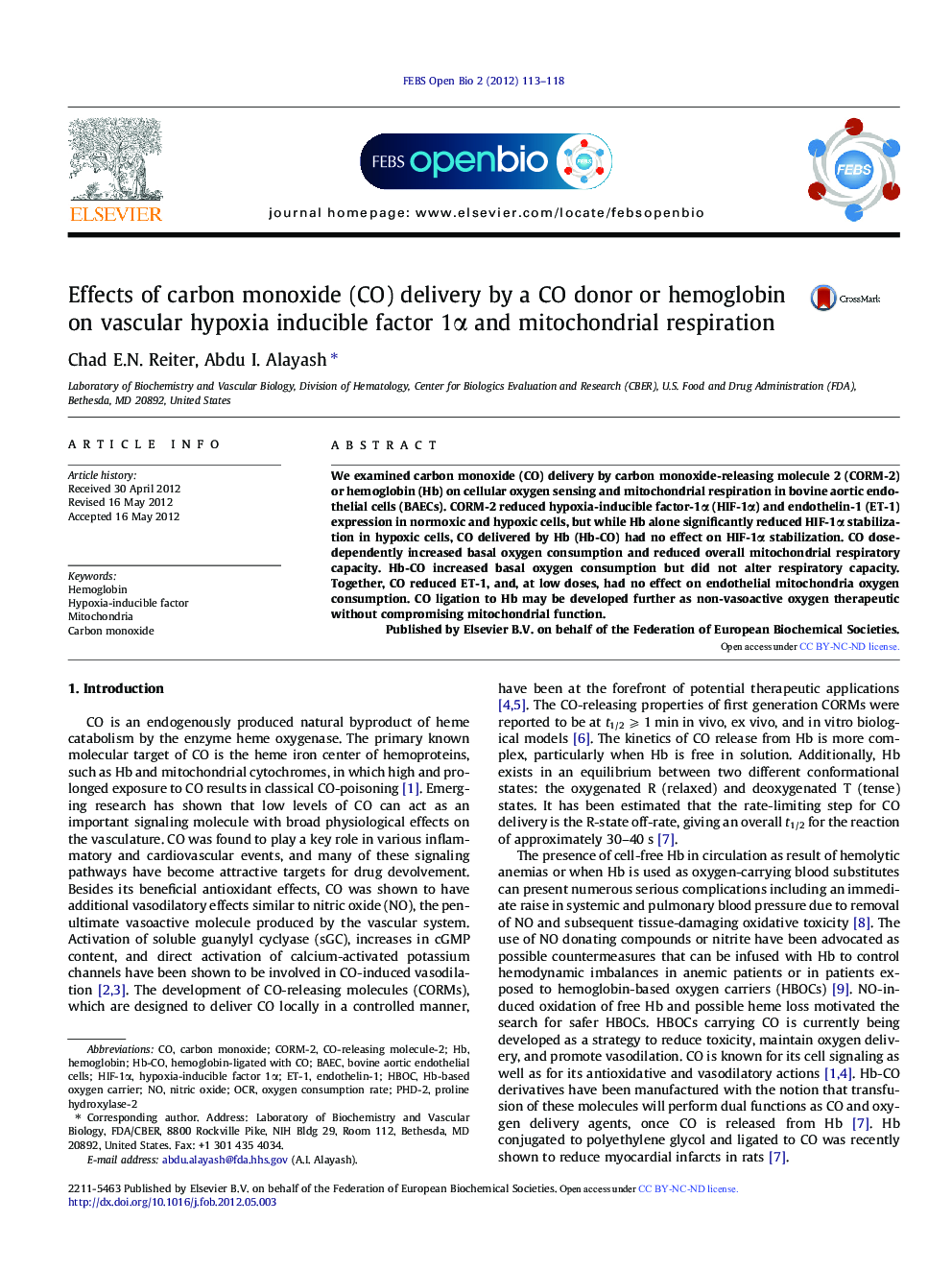 عکس صفحه اول مقاله: Effects of carbon monoxide (CO) delivery by a CO donor or hemoglobin on vascular hypoxia inducible factor 1α and mitochondrial respiration Effects of carbon monoxide (CO) delivery by a CO donor or hemoglobin on vascular hypoxia inducible factor 1α and mitochondrial respiration