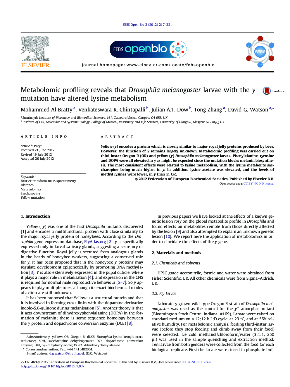 Metabolomic profiling reveals that Drosophila melanogaster larvae with the y mutation have altered lysine metabolism