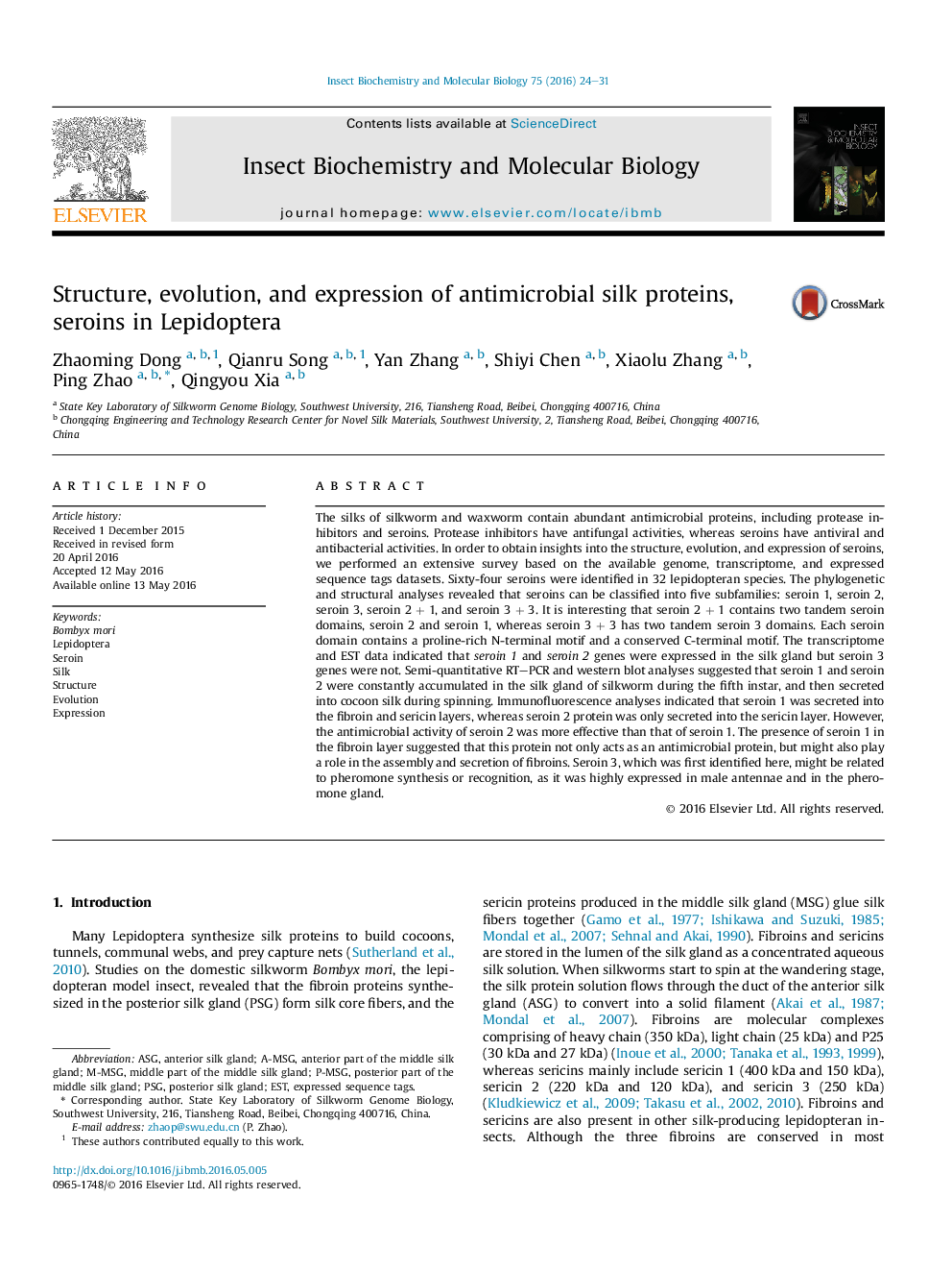 Structure, evolution, and expression of antimicrobial silk proteins, seroins in Lepidoptera