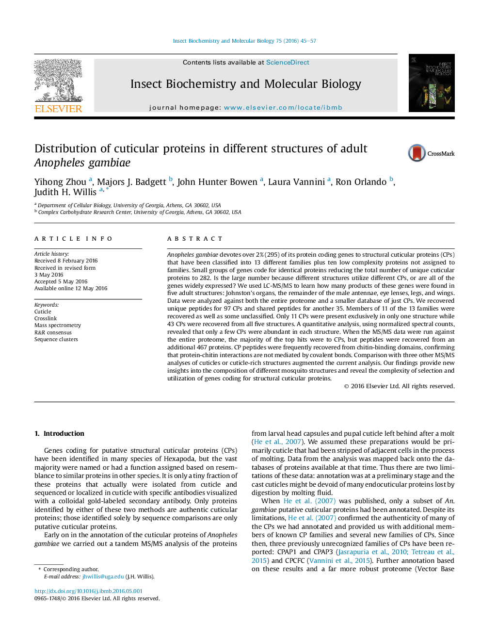 Distribution of cuticular proteins in different structures of adult Anopheles gambiae