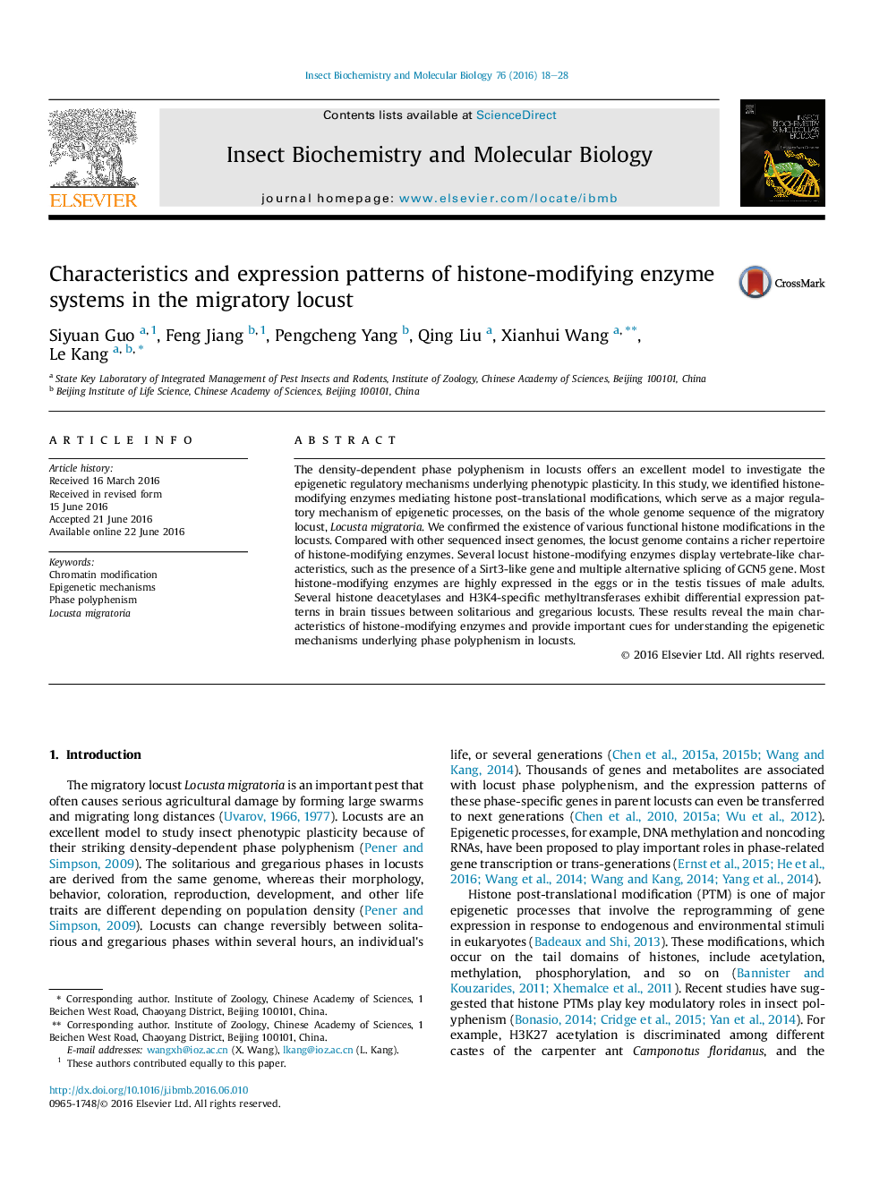 Characteristics and expression patterns of histone-modifying enzyme systems in the migratory locust