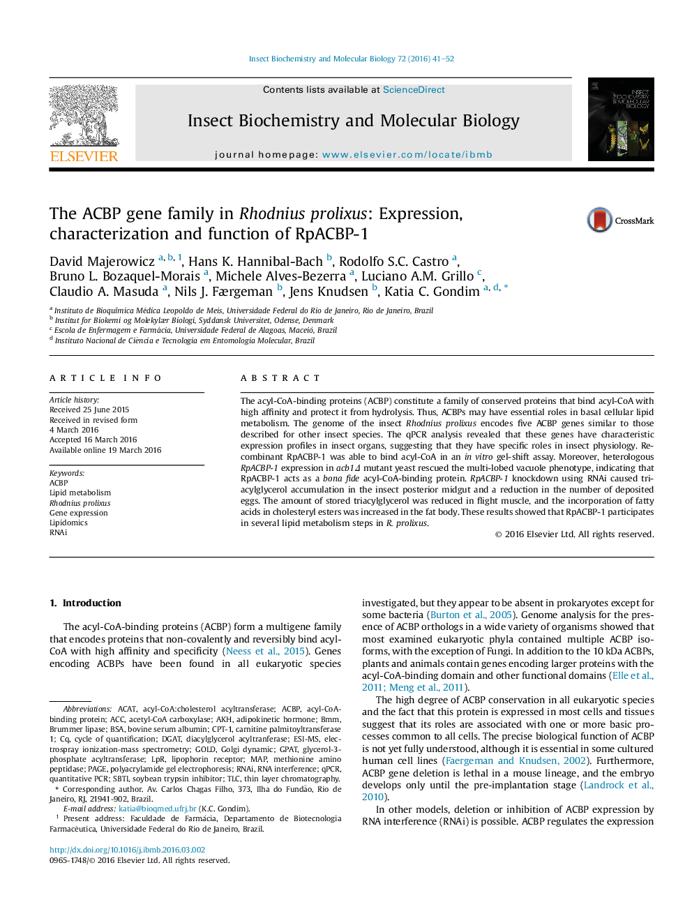 The ACBP gene family in Rhodnius prolixus: Expression, characterization and function of RpACBP-1