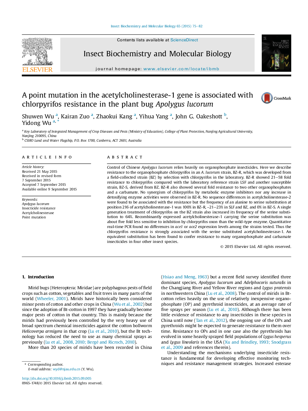 A point mutation in the acetylcholinesterase-1 gene is associated with chlorpyrifos resistance in the plant bug Apolygus lucorum