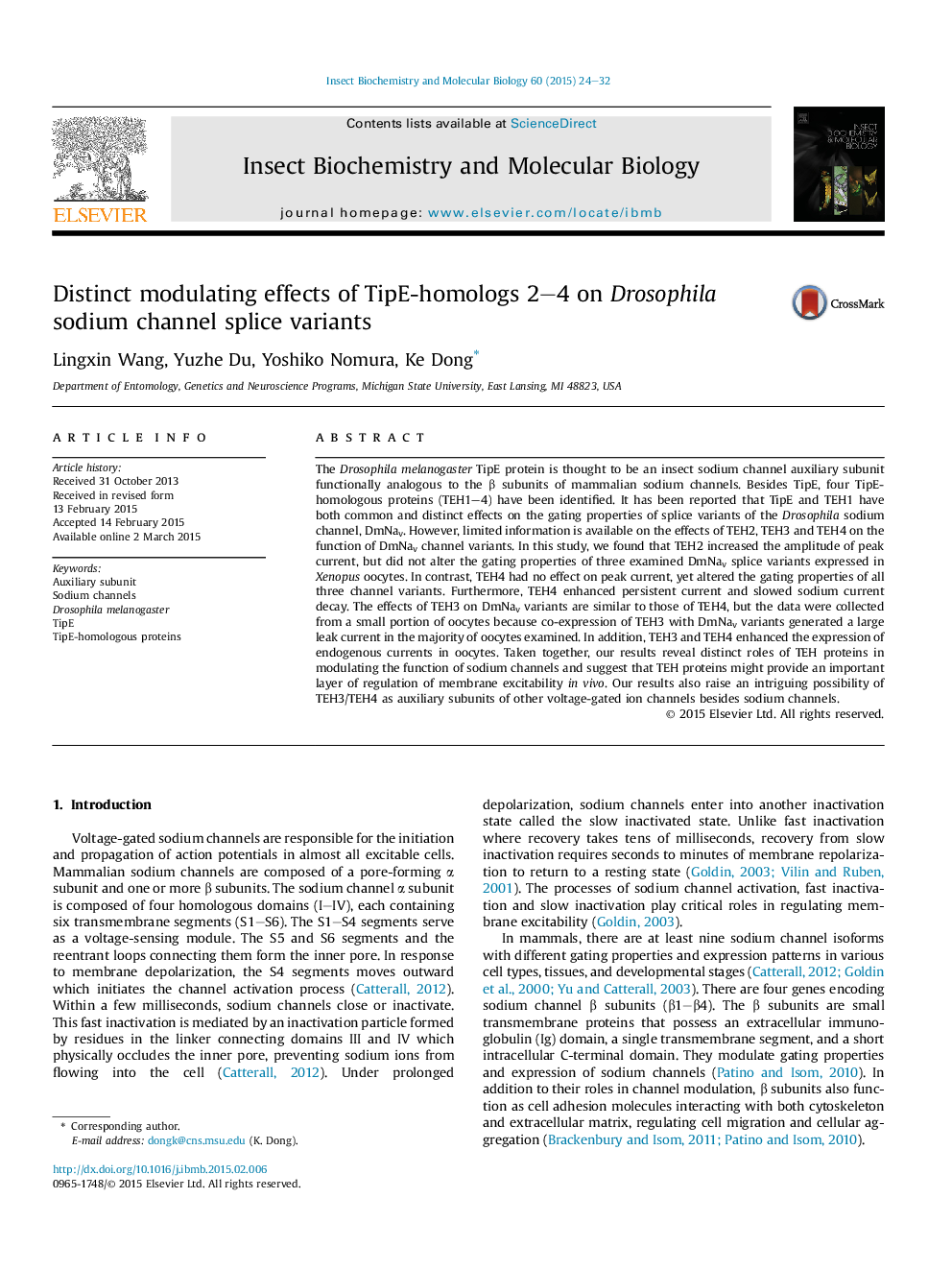 Distinct modulating effects of TipE-homologs 2–4 on Drosophila sodium channel splice variants