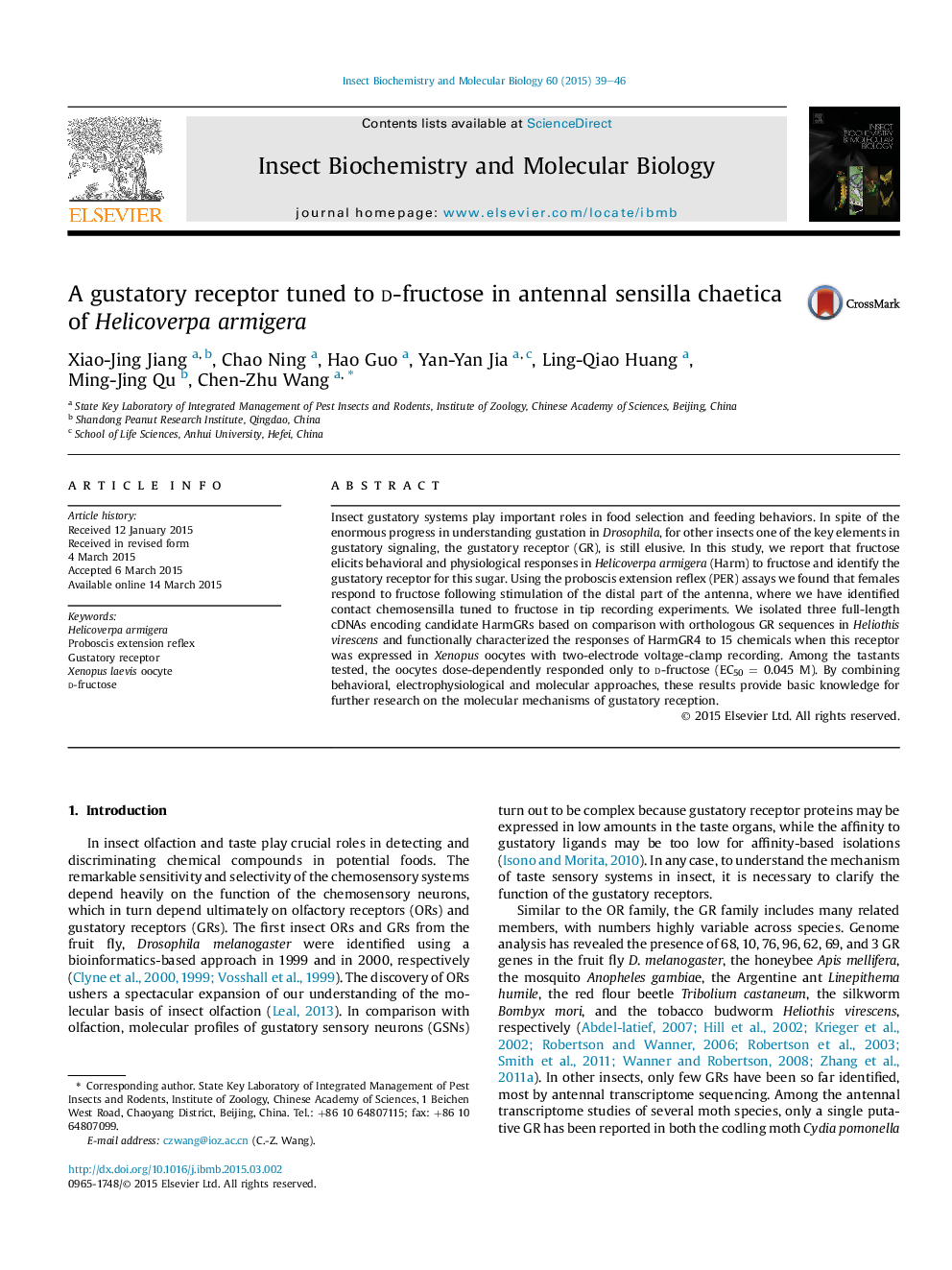 A gustatory receptor tuned to d-fructose in antennal sensilla chaetica of Helicoverpa armigera