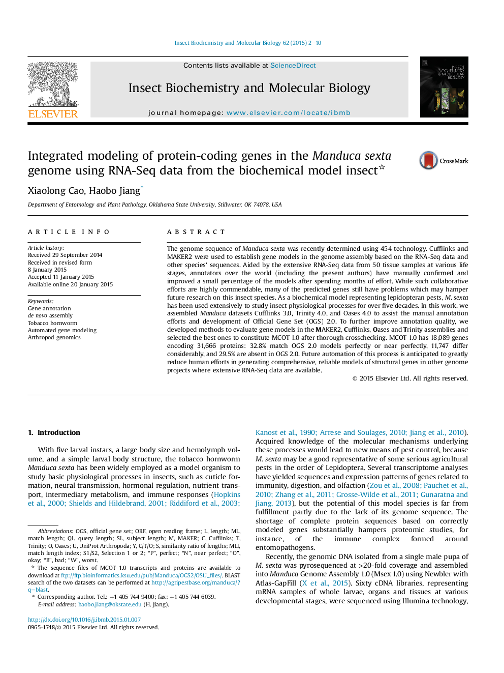 Integrated modeling of protein-coding genes in the Manduca sexta genome using RNA-Seq data from the biochemical model insect 