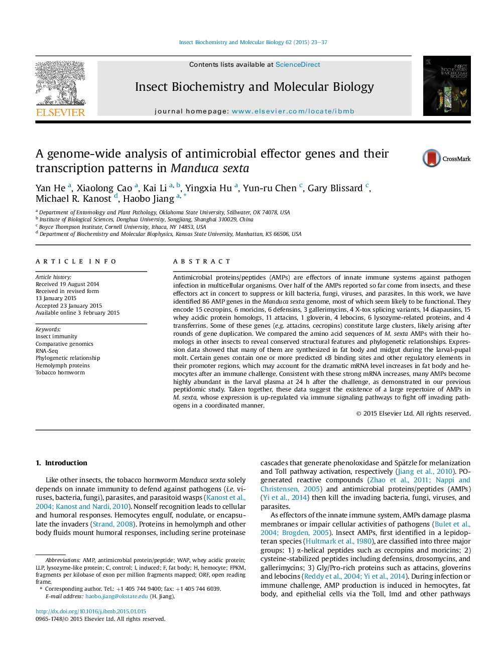 A genome-wide analysis of antimicrobial effector genes and their transcription patterns in Manduca sexta