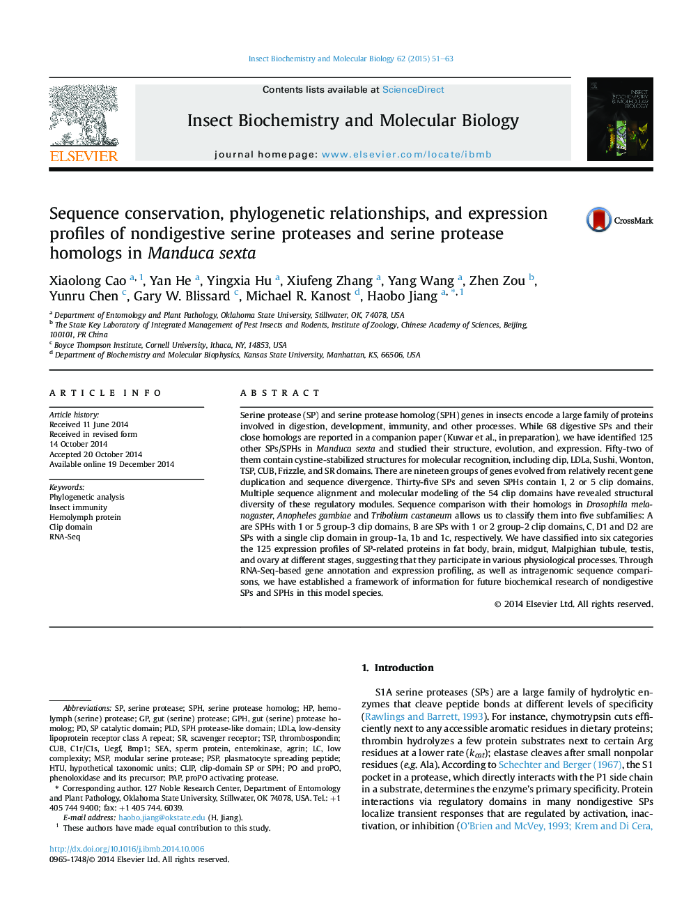 Sequence conservation, phylogenetic relationships, and expression profiles of nondigestive serine proteases and serine protease homologs in Manduca sexta