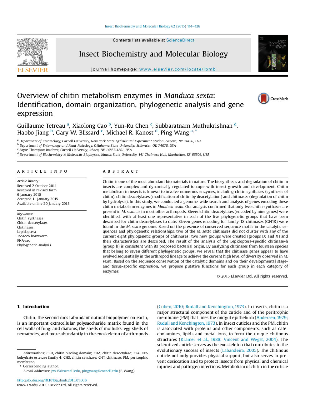 Overview of chitin metabolism enzymes in Manduca sexta: Identification, domain organization, phylogenetic analysis and gene expression