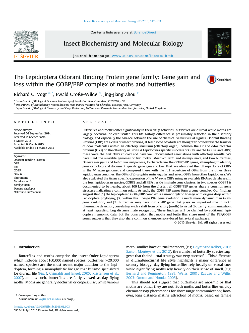 The Lepidoptera Odorant Binding Protein gene family: Gene gain and loss within the GOBP/PBP complex of moths and butterflies