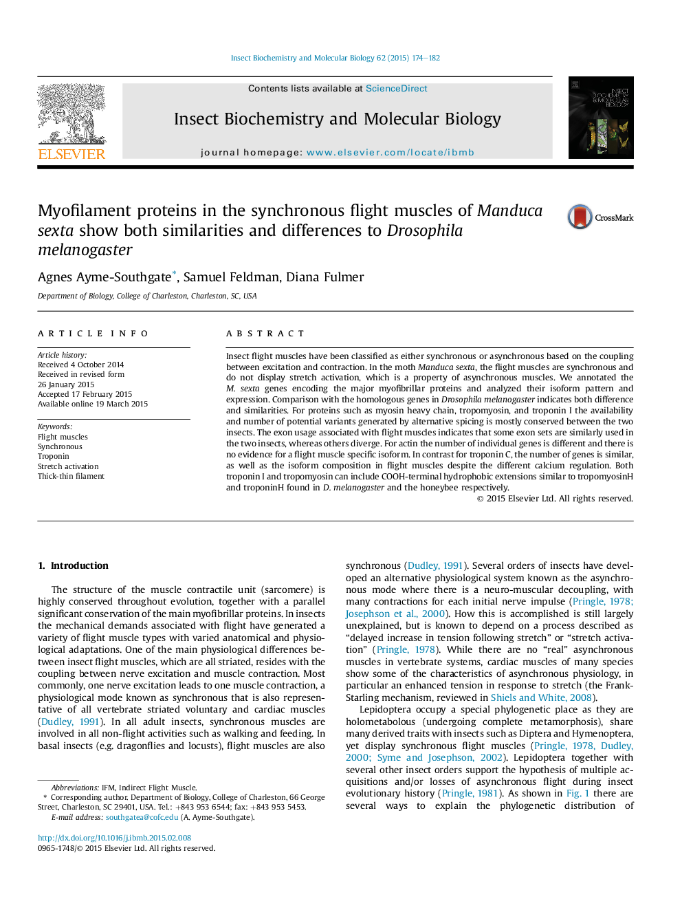 Myofilament proteins in the synchronous flight muscles of Manduca sexta show both similarities and differences to Drosophila melanogaster