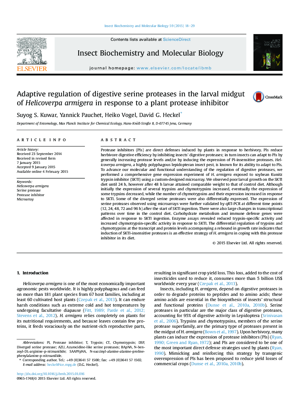 عکس صفحه اول مقاله: Adaptive regulation of digestive serine proteases in the larval midgut of Helicoverpa armigera in response to a plant protease inhibitor Adaptive regulation of digestive serine proteases in the larval midgut of Helicoverpa armigera in response to a plant protease inhibitor