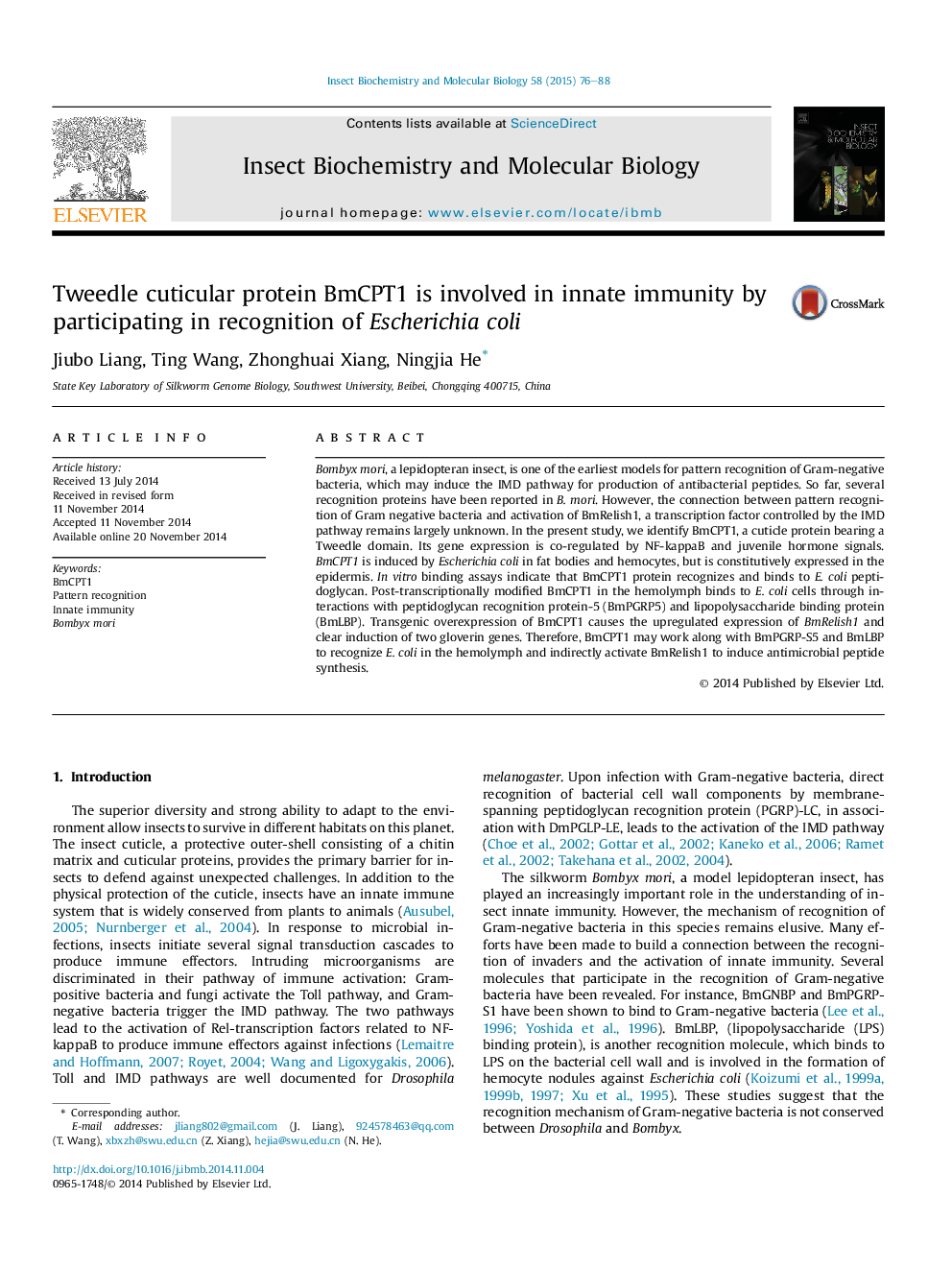 Tweedle cuticular protein BmCPT1 is involved in innate immunity by participating in recognition of Escherichia coli