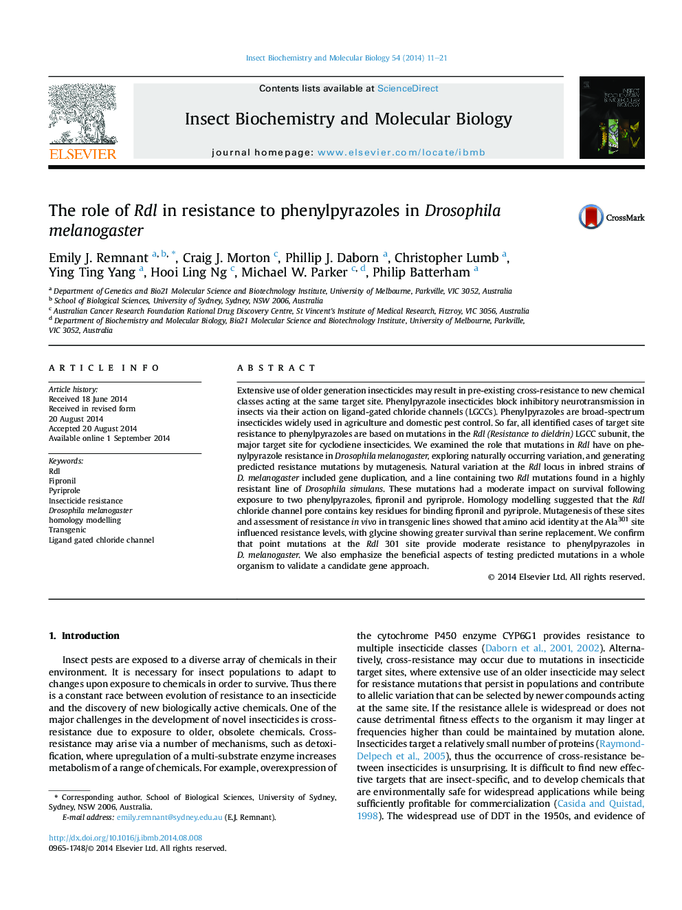 The role of Rdl in resistance to phenylpyrazoles in Drosophila melanogaster