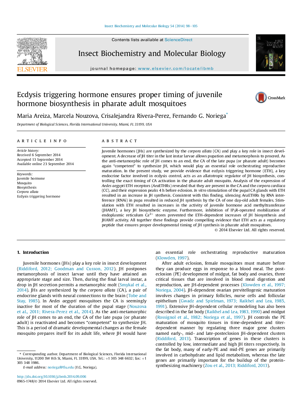 Ecdysis triggering hormone ensures proper timing of juvenile hormone biosynthesis in pharate adult mosquitoes