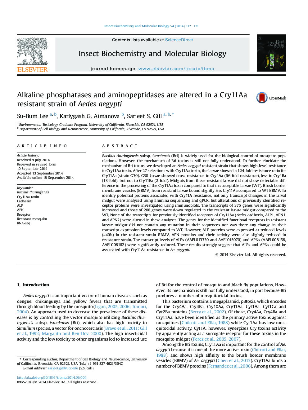 Alkaline phosphatases and aminopeptidases are altered in a Cry11Aa resistant strain of Aedes aegypti