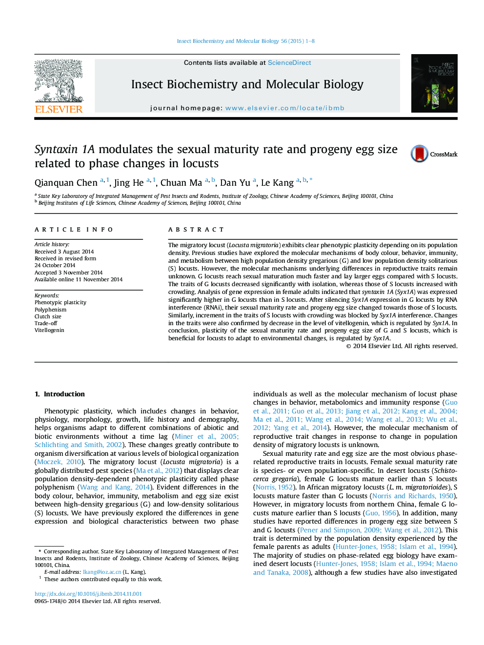 Syntaxin 1A modulates the sexual maturity rate and progeny egg size related to phase changes in locusts