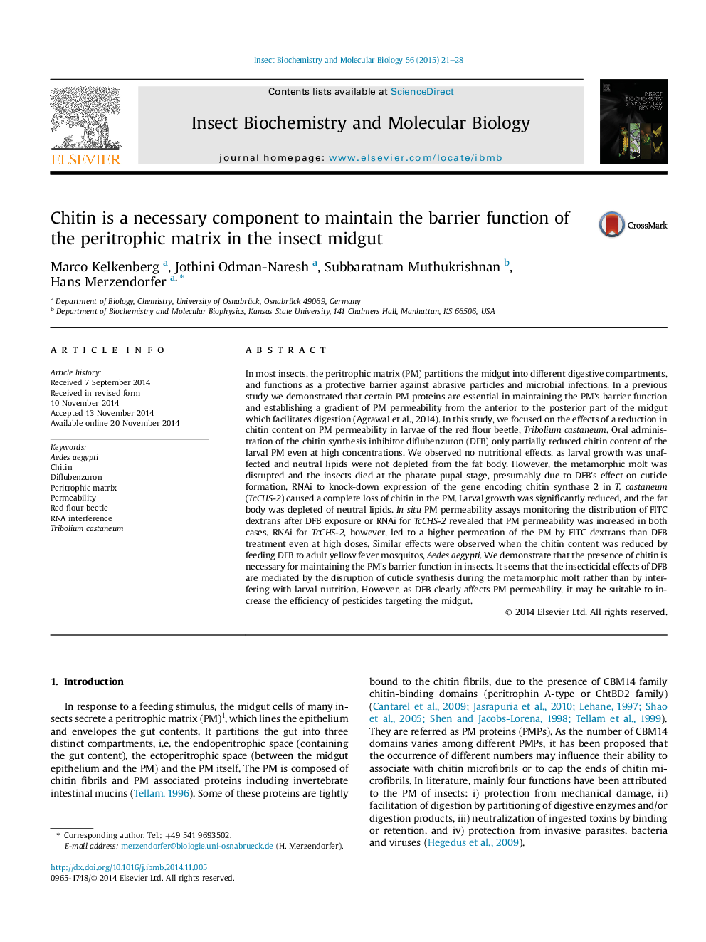 Chitin is a necessary component to maintain the barrier function of the peritrophic matrix in the insect midgut