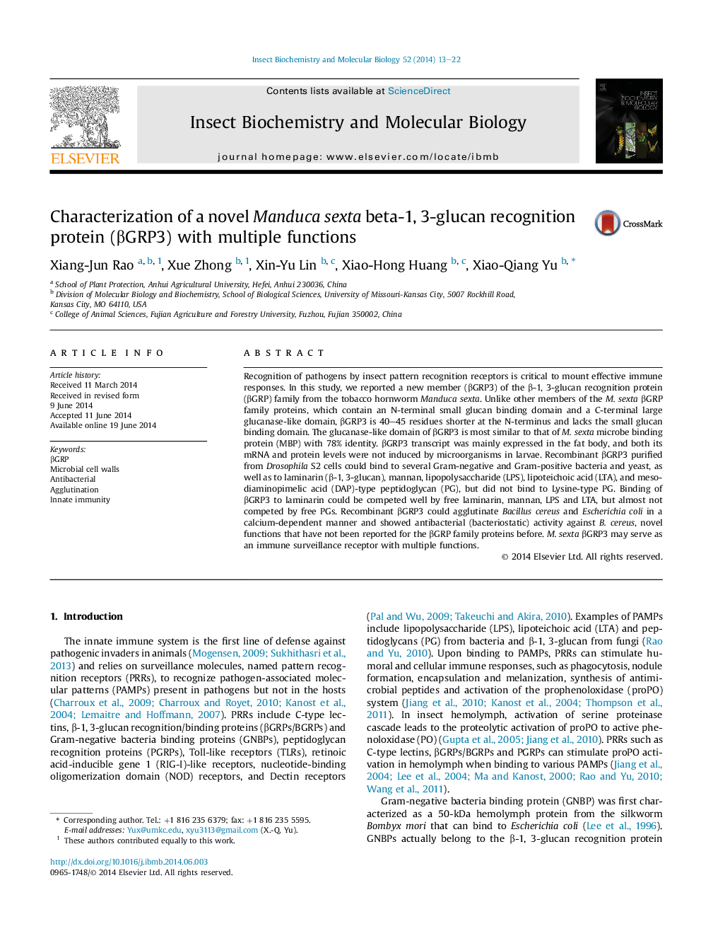 Characterization of a novel Manduca sexta beta-1, 3-glucan recognition protein (Î²GRP3) with multiple functions