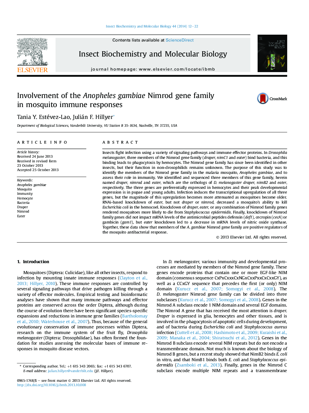 Involvement of the Anopheles gambiae Nimrod gene family in mosquito immune responses