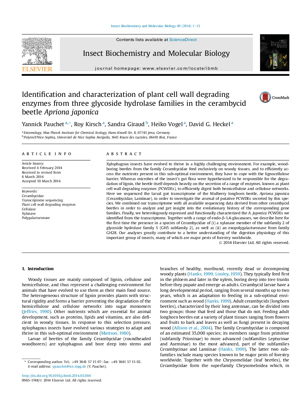 Identification and characterization of plant cell wall degrading enzymes from three glycoside hydrolase families in the cerambycid beetle Apriona japonica