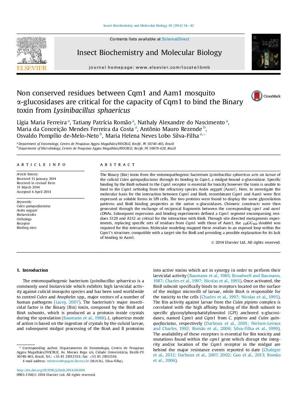 Non conserved residues between Cqm1 and Aam1 mosquito Î±-glucosidases are critical for the capacity of Cqm1 to bind the Binary toxin from Lysinibacillus sphaericus