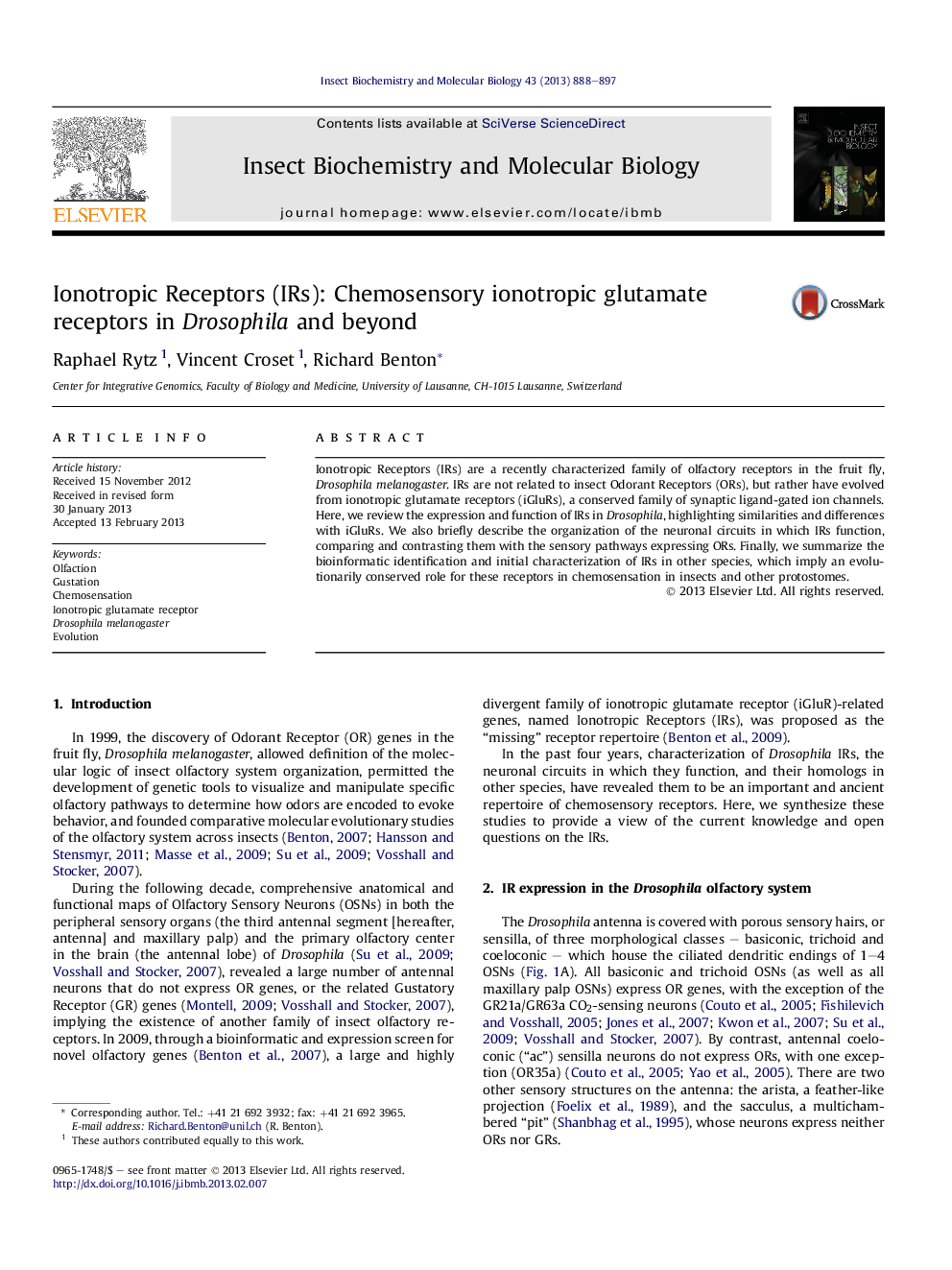 Ionotropic Receptors (IRs): Chemosensory ionotropic glutamate receptors in Drosophila and beyond