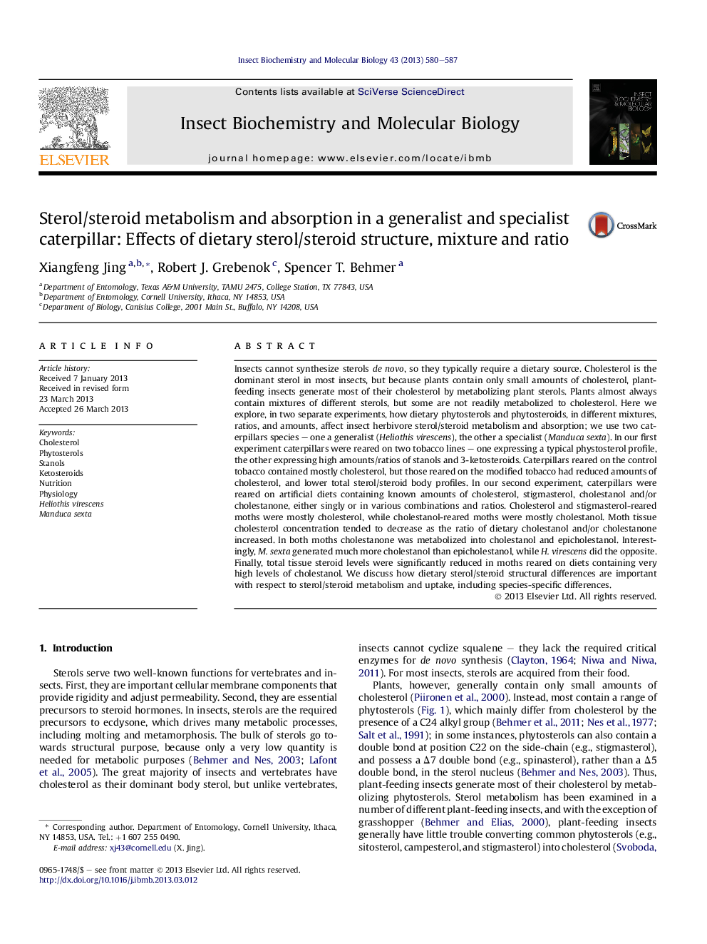 Sterol/steroid metabolism and absorption in a generalist and specialist caterpillar: Effects of dietary sterol/steroid structure, mixture and ratio