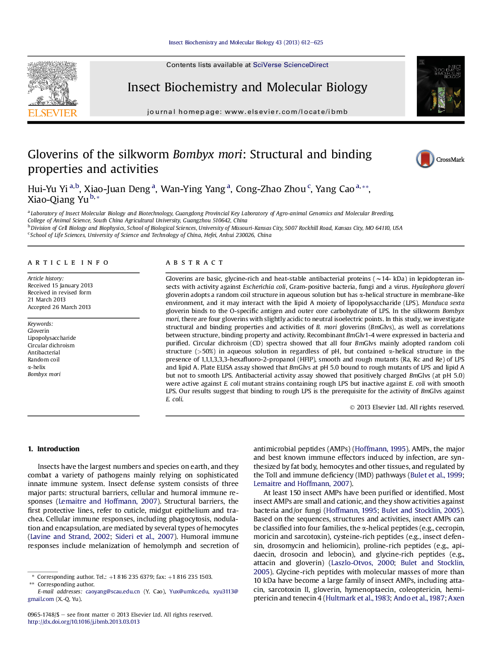 Gloverins of the silkworm Bombyx mori: Structural and binding properties and activities