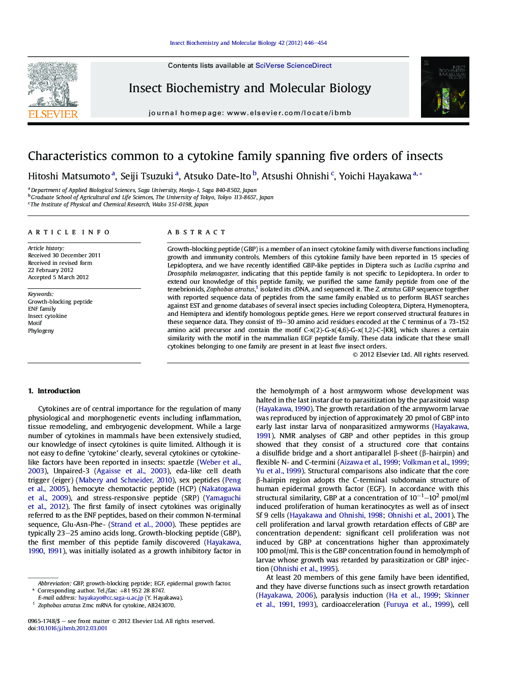 Characteristics common to a cytokine family spanning five orders of insects