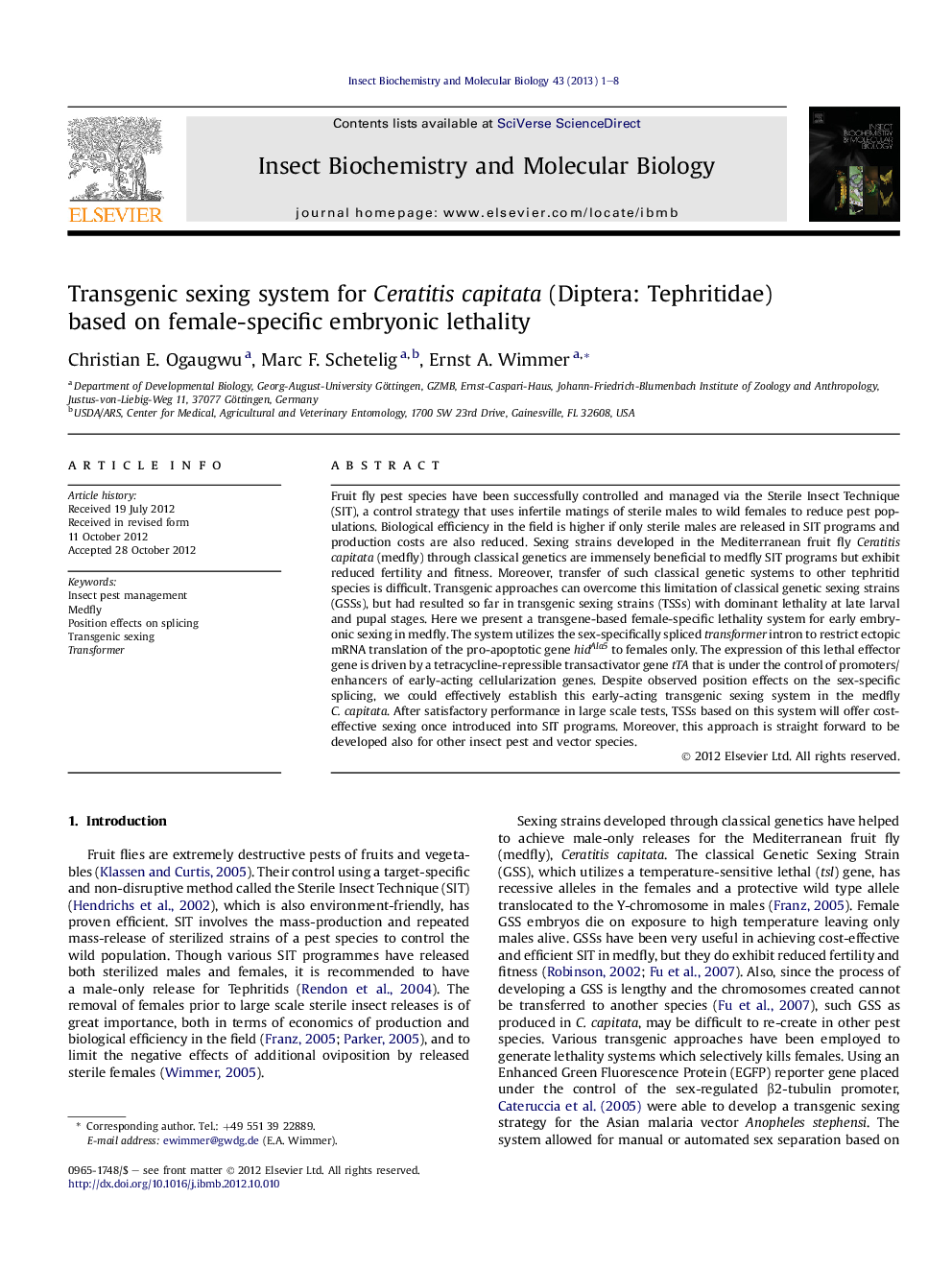 Transgenic sexing system for Ceratitis capitata (Diptera: Tephritidae) based on female-specific embryonic lethality