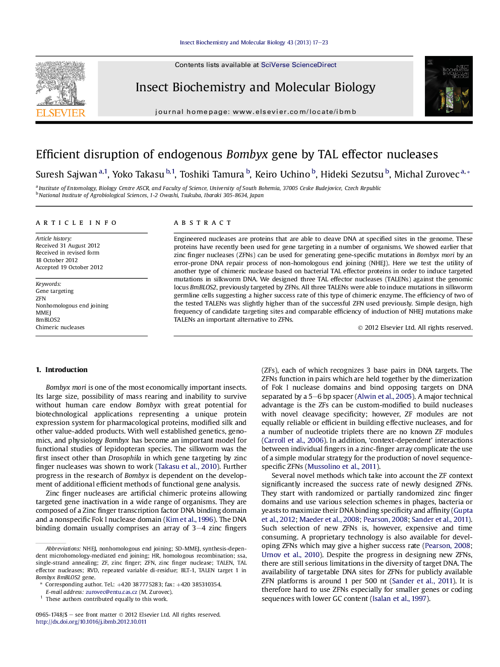 Efficient disruption of endogenous Bombyx gene by TAL effector nucleases